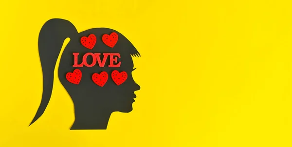 Girl Head Cut Out Paper Word Love Hearts Brain Concept — Stock Photo, Image