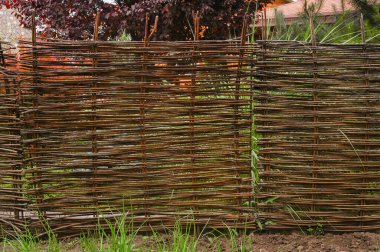 Örülmüş dallardan yapılmış ahşap bir zemin. Çevre dostu dekor.