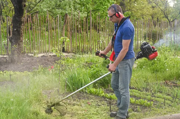 stock image Process of lawn trimming with hand mower.