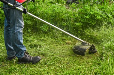 Benzin ya da elektrikli çim biçme makinesi ile çim biçmek. yakın plan.
