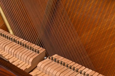 Piyanonun çekiç mekaniği. Çekiçler ve piyano telleri. yakın plan