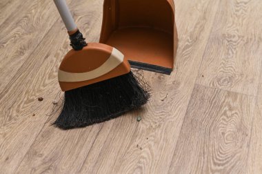 Bir fırçayla çöpü faraş içine süpür. Evi temizlemek için aletler. Tozu kaldır.