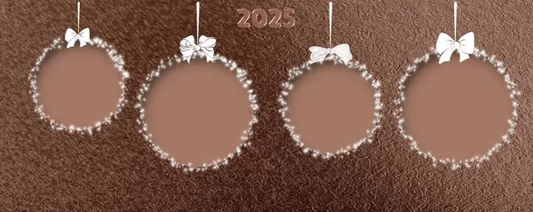 Fiyonklu kesilmiş kağıttan yapılmış Noel toplarının soyut tasarımı. Yılın trend rengi Mocha Mousse 2025 