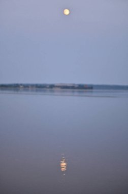 Sarı ay karanlık bir akşamda suya yansıyor. dikey