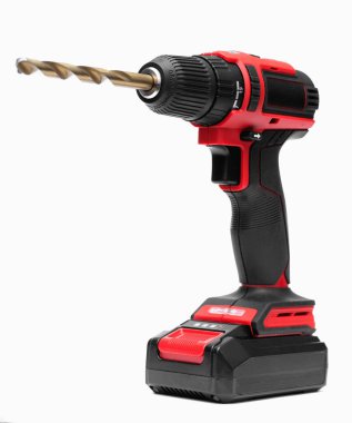 Beyaz arka planda matkap ucu olan modern kablosuz tornavida. izole et