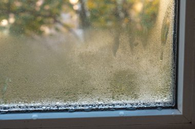 Bir pencerenin camında yoğunlaşan su damlaları
