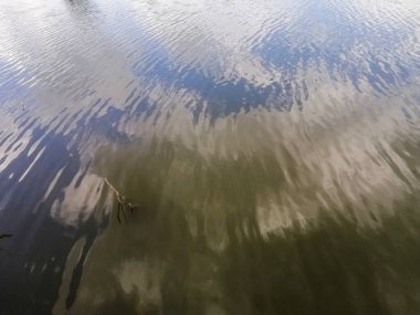 Bulutlar ve mavi gökyüzü sakin su yüzeyine yansıyor. Dalgalanmalar yansımayı bozar, doku arkaplanı eklenir. Göl ya da nehir yüzeyindeki bulutların yansımasının soyut arkaplanı.