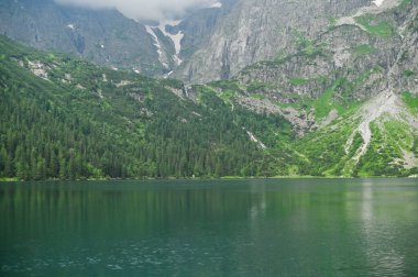 Yeşil benekli yaz vadisi ve dağ gölü. Manzara ferahlatıcı, doğal geri çekilmeyi çağrıştırıyor. Yaz boyunca yüksek irtifa vadisi eriyerek kayalık arazi ve durgun göl suyunu birleştirir.. 