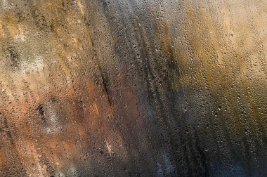 Su damlacıkları ve bulanık manzaralı ıslak cam pencere. Yoğunlaşma doğal soyut kalıplar yaratır. Küçük su damlalarıyla kaplı sisli pencerelere yakın çekim. Bulanık nemli cam yüzey arkaplanı.