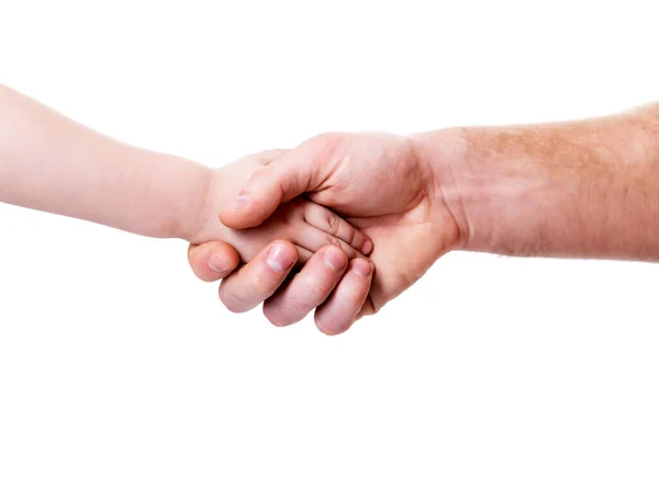 父親と子供の握手 白い背景に隔離された 男と子供は取引か契約をした 家族の価値観 隣人への愛 ヘルプとサポートの概念の継続 — ストック写真