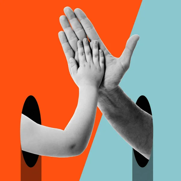 Hands. Father gives five to his son. Modern design with positive context. Continuity of generations, family values, love for neighbors, help and support concept. ontemporary art collage,