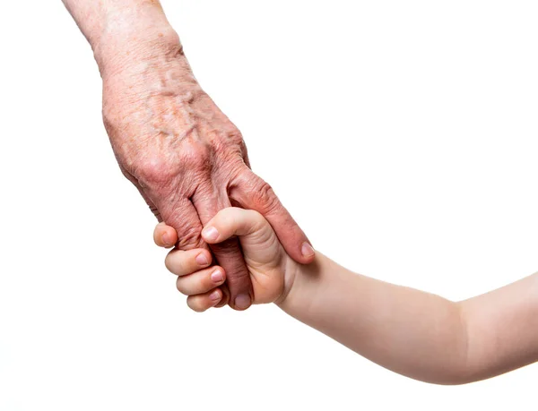 Mãos Mulher Idosa Criança Isoladas Fundo Branco Avó Lidera Neto — Fotografia de Stock