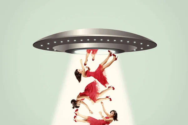 Ufo People Kidnapped Flying Saucer Collage Contemporary Art — Stock Photo, Image