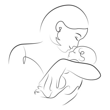 Anne yeni doğmuş bebeğini taşıyor. Küçük çocuğu kucaklayan kadın, çizgileri olan soyut portre, hızlı çizim, annelik kavramı.