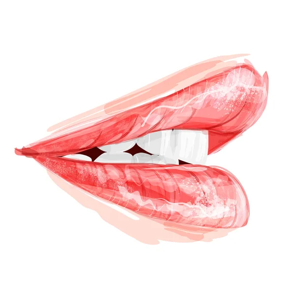 Vrouwenlippen Met Glanzende Lippenstift Witte Tanden Handgetekende Moderne Mode Vector — Stockvector