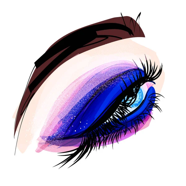 Niebieskie Oko Kobiety Doskonałym Makijażem Długimi Rzęsami Ręcznie Rysowane Nowoczesne — Wektor stockowy