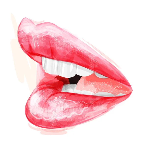 Kvinnans Läppar Med Glansiga Läppstift Och Vita Tänder Handritad Modern — Stock vektor