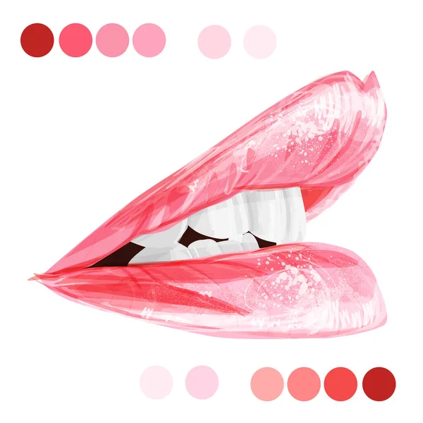Woman Lips Glossy Lipstick White Teeth Hand Drawn Modern Fashion — Stock Vector
