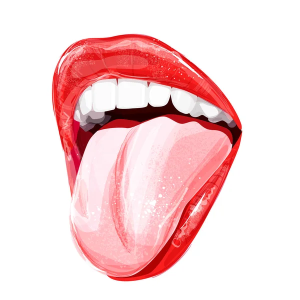 Lábios Sexy Mulher Com Batom Brilhante Dentes Perfeitos Brancos Língua — Vetor de Stock