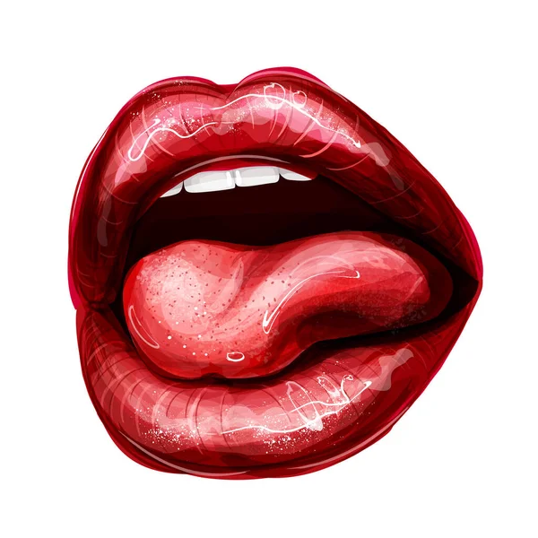 Γυναικεία Σέξι Χείλη Γυαλιστερό Κραγιόν Λευκά Τέλεια Δόντια Και Γλώσσα — Διανυσματικό Αρχείο