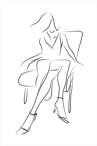 女孩的肖像 手绘现代时尚插图 抽象的年轻女子穿着长长的鸡尾酒花裙坐在椅子上 速写草图 矢量插图 — 图库矢量图片