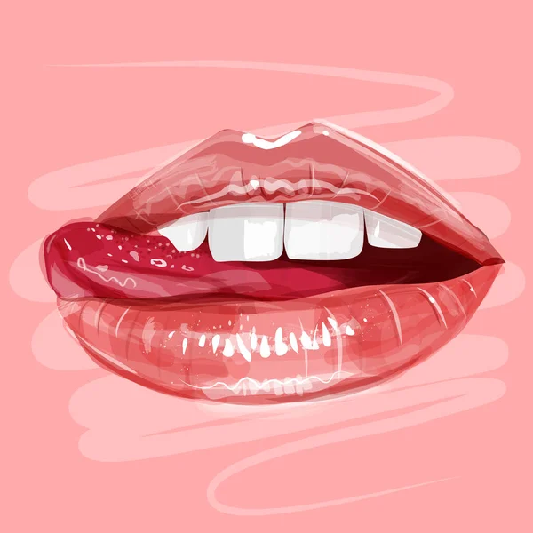Woman Lips Glossy Lipstick White Perfect Teeth Tongue Hand Drawn — Stock Vector