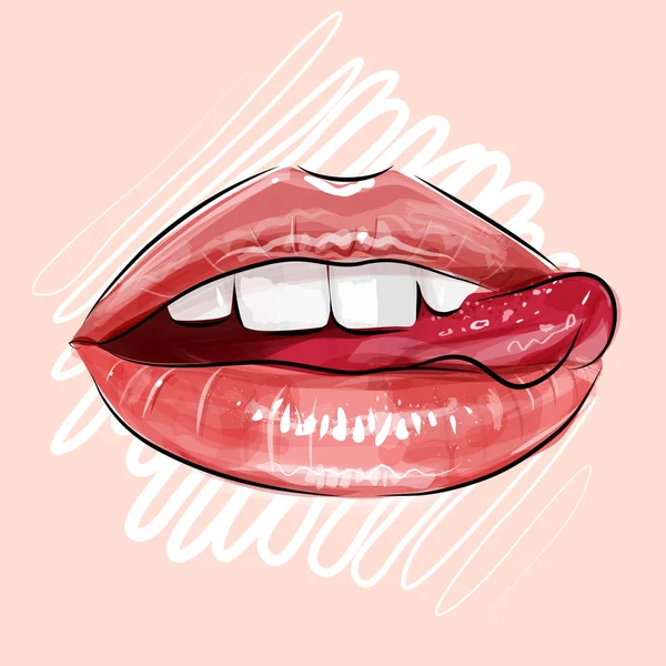 Lèvres Femme Avec Rouge Lèvres Brillant Dents Blanches Parfaites Langue — Image vectorielle