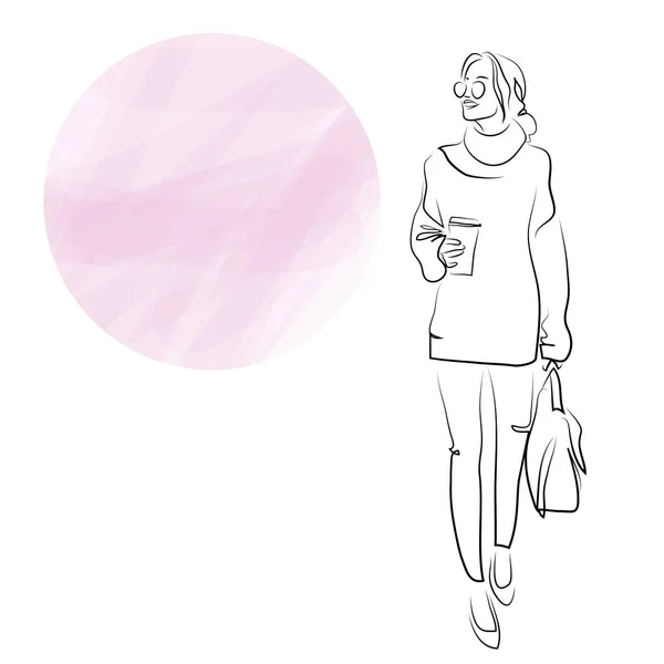 手绘现代时尚图解 抽象的年轻女性穿着淡雅的休闲装 走在街道上 还带着咖啡和包 — 图库矢量图片