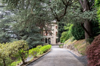 Patikalı bir park ve baharda güzel bitkilerle harika bir peyzaj, doğada güzellik, İtalya, Lombardiya