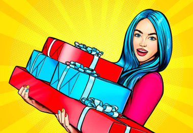 Pop art mutlu gülümseyen kız elinde Noel hediyesi kutularıyla arka planda güneşli ışınlar tutuyor. Genç ve güzel bir kadının portresi, 20. yüzyılın eski moda çizimleri.