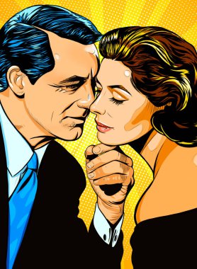 Sevgi. Pop sanatçısı güneşli arka planda bir kadını öpüyor. Kahraman bir aşığın kollarında güzel sarışın bir kadının portresi, 20. yüzyıl komedi çiziminin modası.