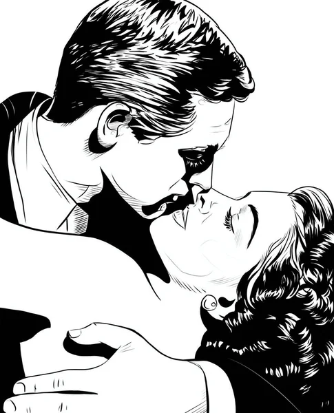 流行艺术男人在阳光下亲吻女人 年轻美丽的金发女子在英雄情人怀里的画像 20世纪漫画书的复古风格 — 图库照片