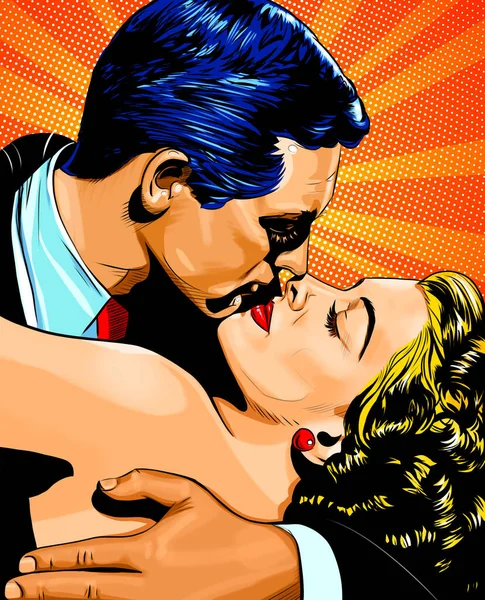 流行艺术男人在阳光灿烂的背景下亲吻女人 年轻美丽金发女子与英雄情人相拥的画像 20世纪喜剧插图的复古风格 — 图库照片