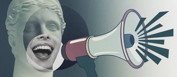 石膏像頭とメガホンを持つ若い女性のオープン口の現代的なコラージュ スピーカー 宣伝担当者 扇動者の概念 — ストック写真