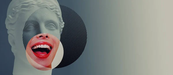 深い青の背景に開いた口を持つ石膏像頭と若い女性の現代的なコラージュ スピーカー 宣伝担当者 扇動者の概念 — ストック写真