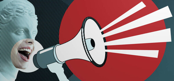 Штукатурка головы статуи и открытый рот молодой женщины что-то радостно транслирует с мегафоном, современный коллаж в стиле журнала. Концепция ораторов, герольдов, пропагандистов и агитаторов