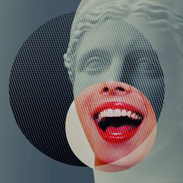 Hedendaagse Collage Van Gipsen Standbeeld Hoofd Jonge Vrouw Met Open — Stockfoto