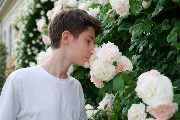 소년은 공원에서 야외에서 아름다운 분홍색 꽃피는 냄새를 맡는다 — 스톡 사진