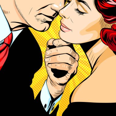 Tutkulu öpücük, komik vektör çizimi. Güneşli pop sanatının arka planında bir kadını öpen bir adam. Birbirine aşık çiftlerin portresi, 50. yüzyılın modası.