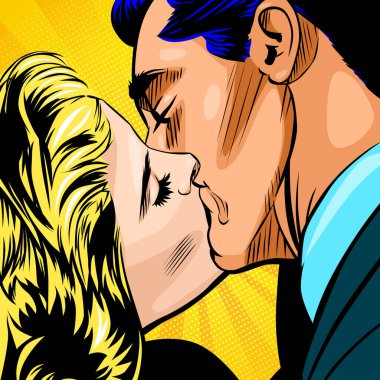 Tutkulu öpücük, komik vektör çizimi. Sarışın bir kadını güneşli pop sanat filmleri arka planında öpen bir adam. Birbirine aşık çiftlerin portresi, 50. yüzyılın modası.