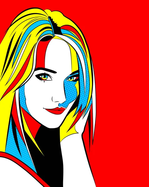 Rapariga Pop Art Azul Vermelho Retrato Amarelo Jovem Mulher Bonita — Vetor de Stock