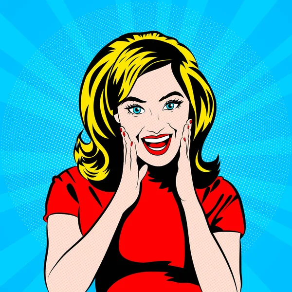 Happy Excited Pop Art Girl Smiling Touching Her Face Hands — Stock Vector