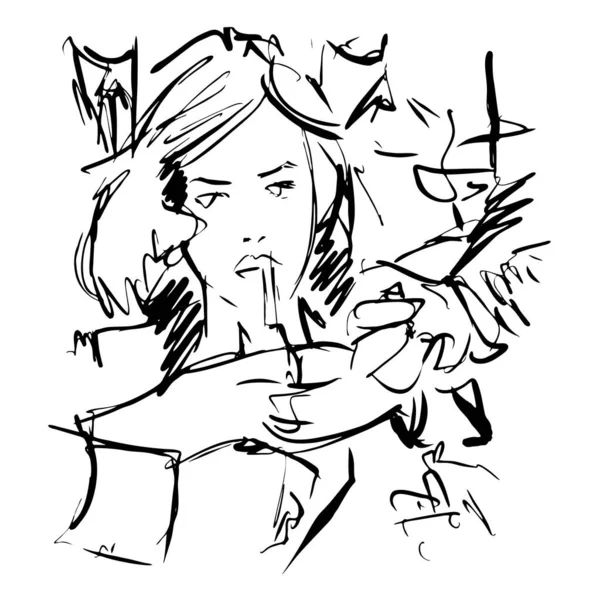 Fumer Mode Femme Portrait Abstrait Line Art Croquis Rapide Illustration — Image vectorielle