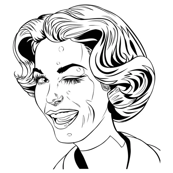 レトロなヘアスタイルとカメラ 黒と白を見てウインクとポップアートの女性 20世紀の漫画のイラストの若い美しい陽気な女の子 レトロなスタイルの肖像画 — ストックベクタ