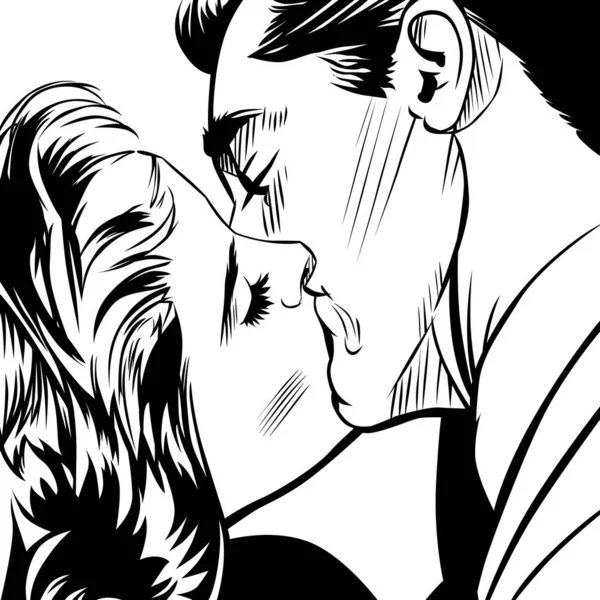 情熱的なキス 黒と白のスケッチ 漫画のベクトルイラスト 日当たりの良いポップアートの上にブロンドの女性にキス男は背景を光線 愛のカップルの肖像画 50年代0F 20世紀のレトロなスタイル — ストックベクタ