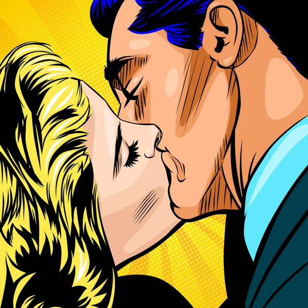 漫画矢量插图 男人在阳光灿烂的波普艺术背景下亲吻金发女人 恋爱中的夫妻的画像 20世纪50年代的复古风格 — 图库矢量图片