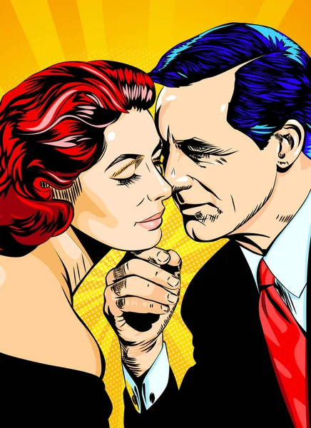 Leidenschaftlicher Kuss Komische Vektorillustration Mann Küsst Eine Frau Über Sonnigem — Stockvektor