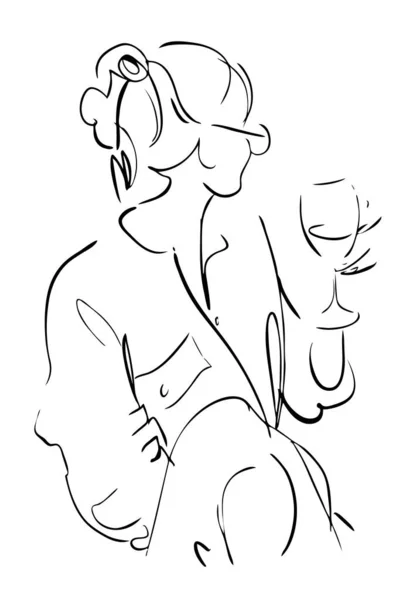여성은 카페에서 와인을 마시고 추상화 초상화 스케치 일러스트 미니멀리즘 일러스트 — 스톡 벡터