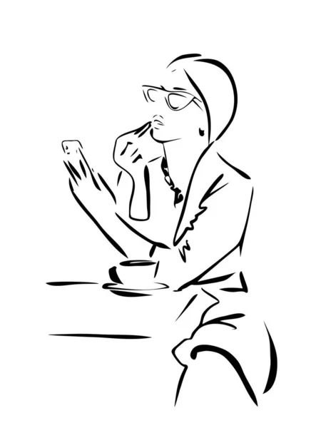 Módní Žena Slunečními Brýlemi Kávou Rtěnkou Při Pohledu Smartphone Kavárně — Stockový vektor