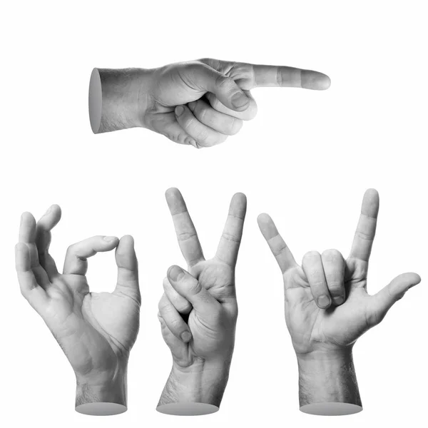 Mannelijke Hand Demonstreert Verschillende Gebaren Zwart Wit Concept Set Geïsoleerd — Stockfoto